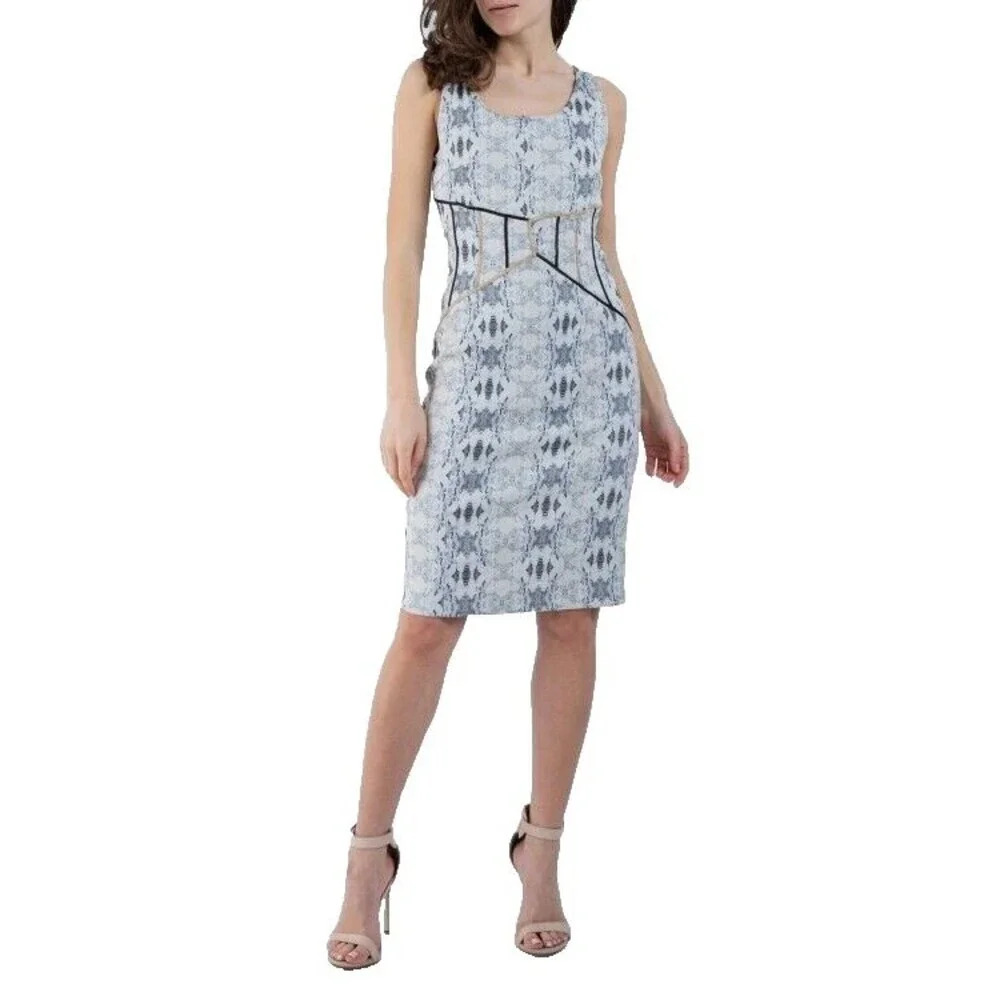 Save the Queen Midi Dress Women’s Size Large Cream Gray Snake Skin Print Sheath